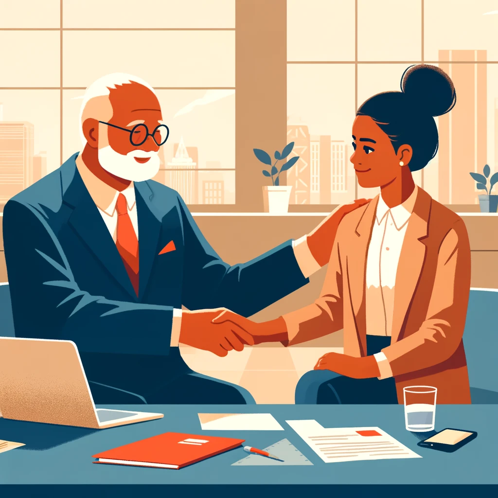 Mentor greeting a young learner in a professional setting.